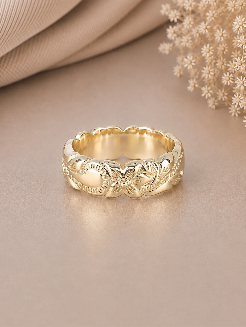 Gold Floral Carved Band Ring